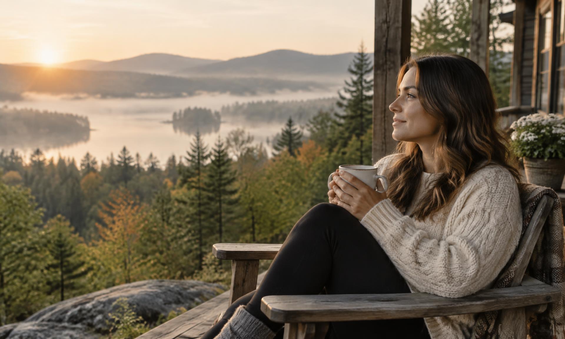 Woman resting on a porch overlooking a misty lake at sunrise